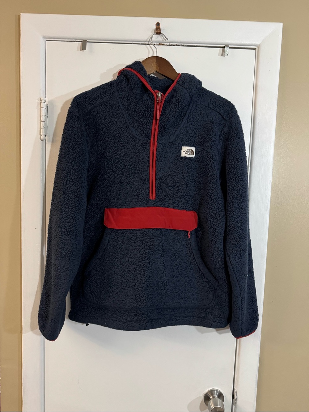 The North Face Navy Sherpa Pullover Hoodie with Red Trim